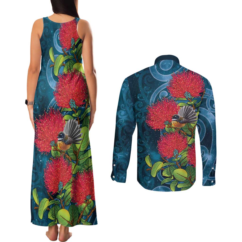 New Zealand Matariki Piwakawaka Couples Matching Tank Maxi Dress and Long Sleeve Button Shirt Maori Koru With Pohutukawa Flowers