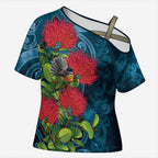 New Zealand Matariki Piwakawaka Cross Shoulder Shirt Maori Koru With Pohutukawa Flowers