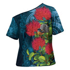 New Zealand Matariki Piwakawaka Cross Shoulder Shirt Maori Koru With Pohutukawa Flowers