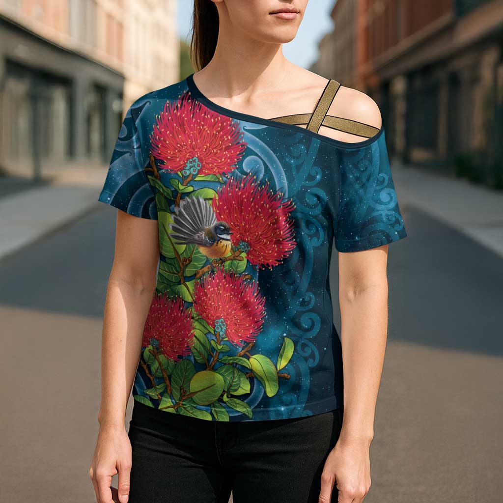 New Zealand Matariki Piwakawaka Cross Shoulder Shirt Maori Koru With Pohutukawa Flowers