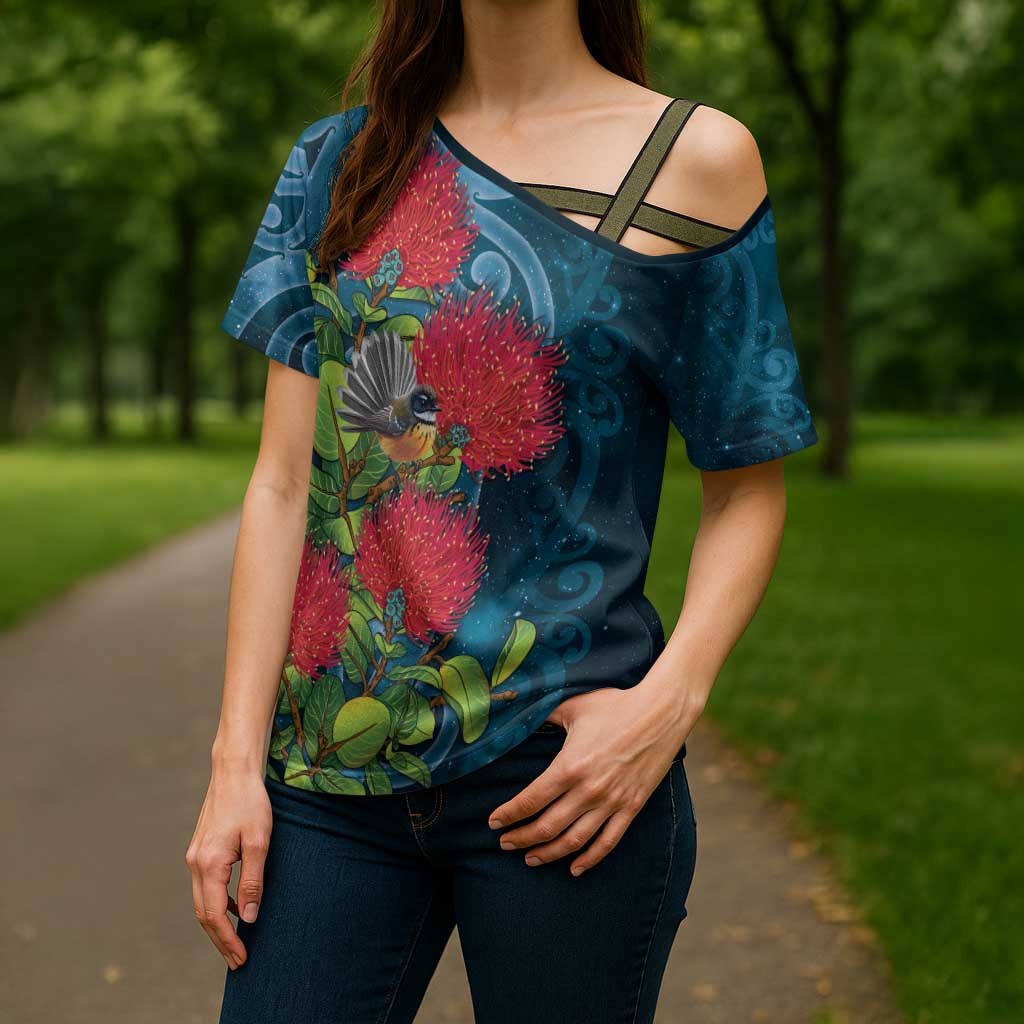 New Zealand Matariki Piwakawaka Cross Shoulder Shirt Maori Koru With Pohutukawa Flowers