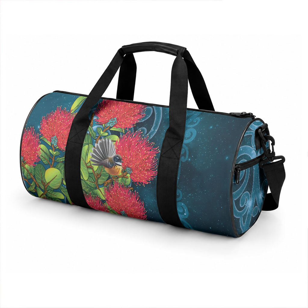 New Zealand Matariki Piwakawaka Duffle Bag Maori Koru With Pohutukawa Flowers