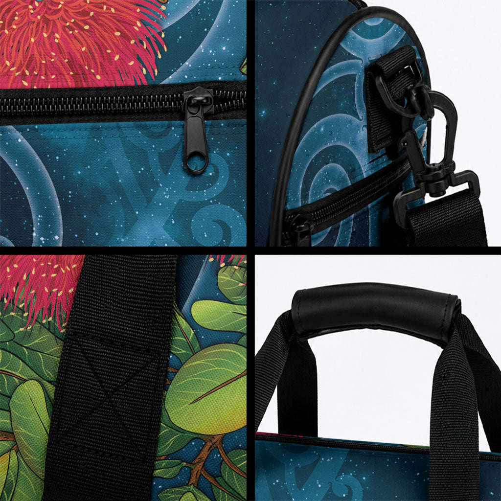 New Zealand Matariki Piwakawaka Duffle Bag Maori Koru With Pohutukawa Flowers