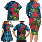 New Zealand Matariki Piwakawaka Family Matching Long Sleeve Bodycon Dress and Hawaiian Shirt Maori Koru With Pohutukawa Flowers
