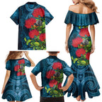 New Zealand Matariki Piwakawaka Family Matching Mermaid Dress and Hawaiian Shirt Maori Koru With Pohutukawa Flowers