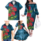 New Zealand Matariki Piwakawaka Family Matching Off The Shoulder Long Sleeve Dress and Hawaiian Shirt Maori Koru With Pohutukawa Flowers