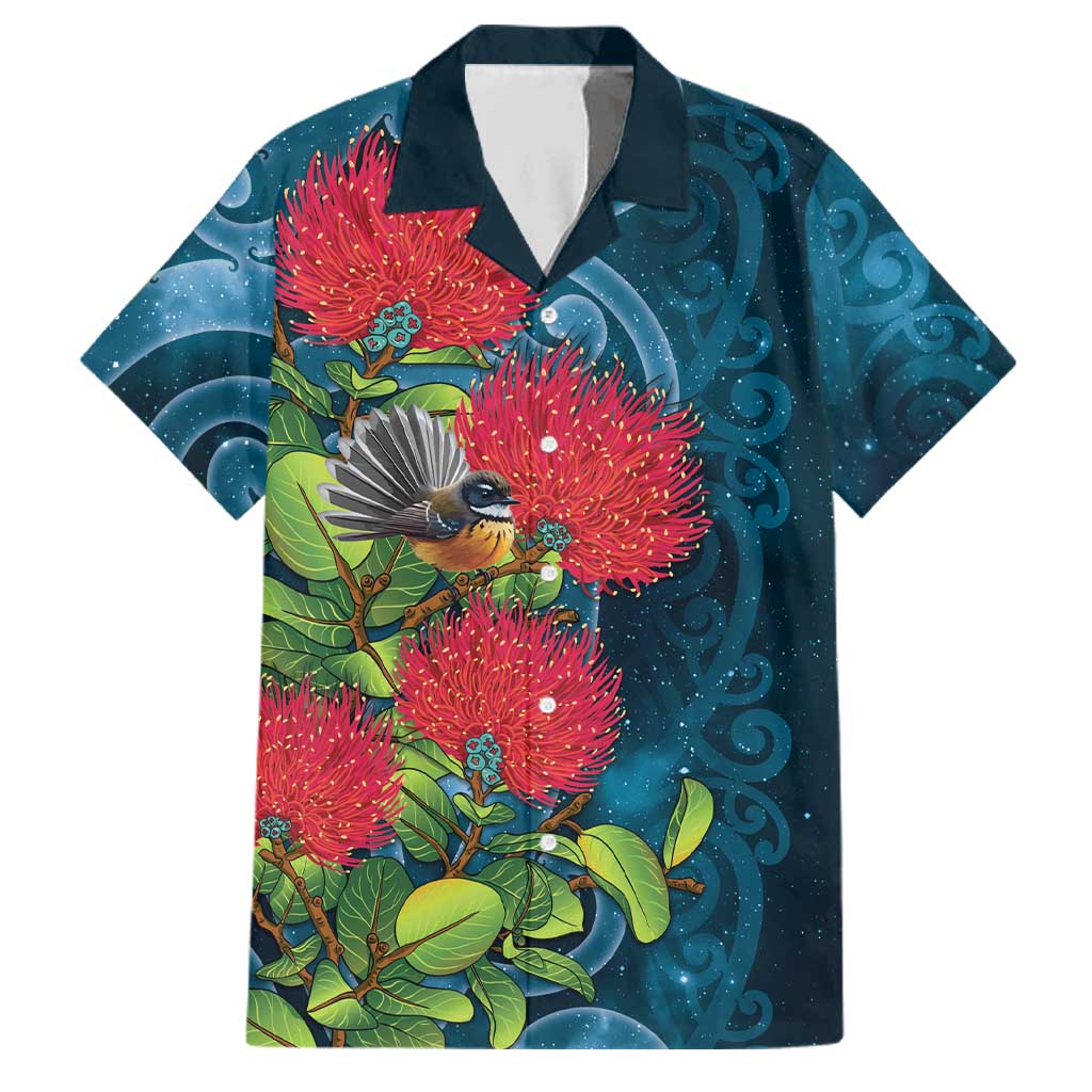 New Zealand Matariki Piwakawaka Family Matching Off The Shoulder Long Sleeve Dress and Hawaiian Shirt Maori Koru With Pohutukawa Flowers