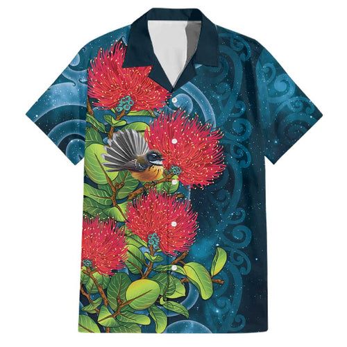 New Zealand Matariki Piwakawaka Family Matching Off The Shoulder Long Sleeve Dress and Hawaiian Shirt Maori Koru With Pohutukawa Flowers