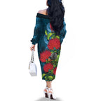 New Zealand Matariki Piwakawaka Family Matching Off The Shoulder Long Sleeve Dress and Hawaiian Shirt Maori Koru With Pohutukawa Flowers