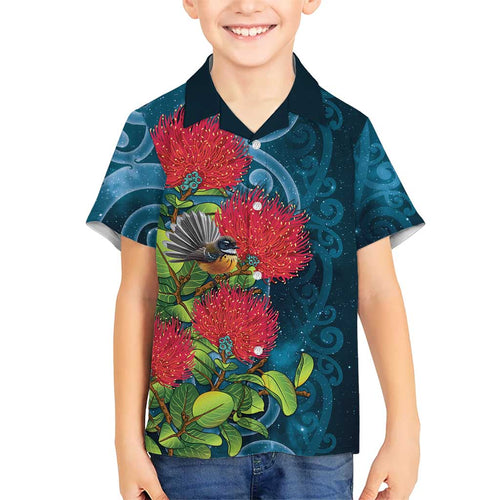 New Zealand Matariki Piwakawaka Family Matching Off The Shoulder Long Sleeve Dress and Hawaiian Shirt Maori Koru With Pohutukawa Flowers
