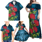 New Zealand Matariki Piwakawaka Family Matching Off Shoulder Maxi Dress and Hawaiian Shirt Maori Koru With Pohutukawa Flowers