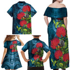 New Zealand Matariki Piwakawaka Family Matching Off Shoulder Maxi Dress and Hawaiian Shirt Maori Koru With Pohutukawa Flowers