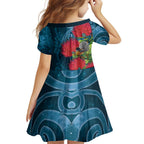 New Zealand Matariki Piwakawaka Family Matching Off Shoulder Short Dress and Hawaiian Shirt Maori Koru With Pohutukawa Flowers