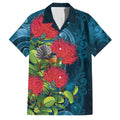 New Zealand Matariki Piwakawaka Family Matching Off Shoulder Short Dress and Hawaiian Shirt Maori Koru With Pohutukawa Flowers