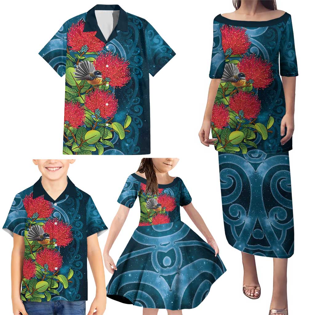 New Zealand Matariki Piwakawaka Family Matching Puletasi and Hawaiian Shirt Maori Koru With Pohutukawa Flowers