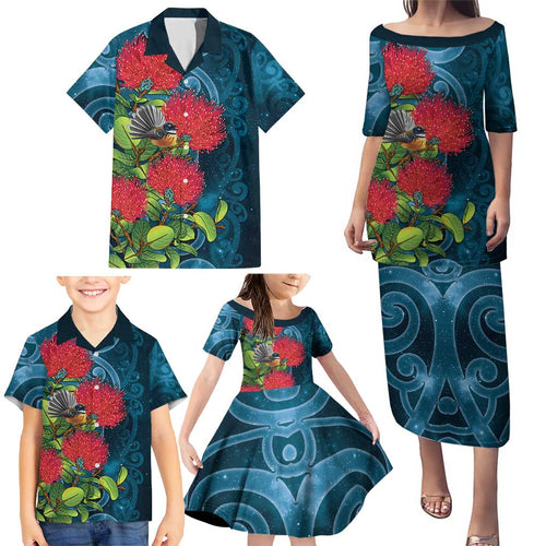 New Zealand Matariki Piwakawaka Family Matching Puletasi and Hawaiian Shirt Maori Koru With Pohutukawa Flowers
