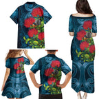 New Zealand Matariki Piwakawaka Family Matching Puletasi and Hawaiian Shirt Maori Koru With Pohutukawa Flowers