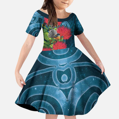 New Zealand Matariki Piwakawaka Family Matching Short Sleeve Bodycon Dress and Hawaiian Shirt Maori Koru With Pohutukawa Flowers