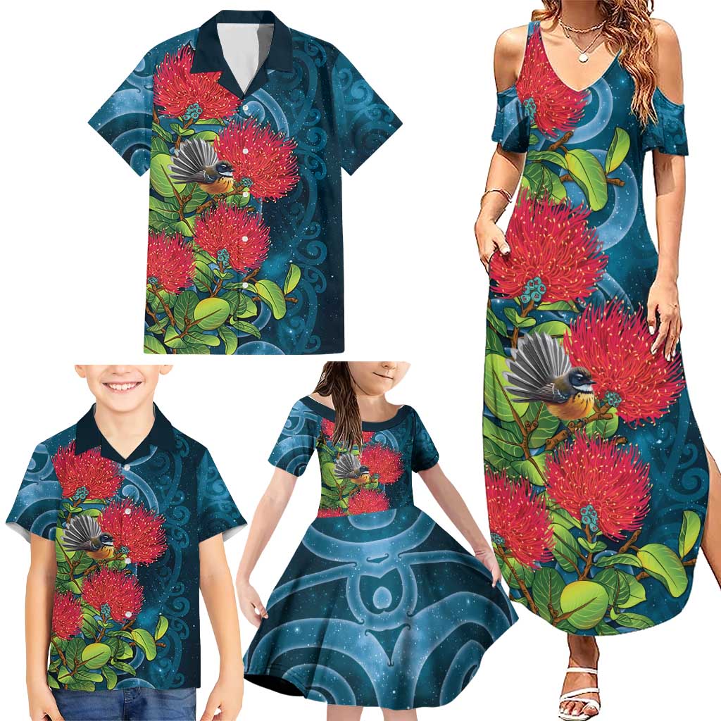 New Zealand Matariki Piwakawaka Family Matching Summer Maxi Dress and Hawaiian Shirt Maori Koru With Pohutukawa Flowers