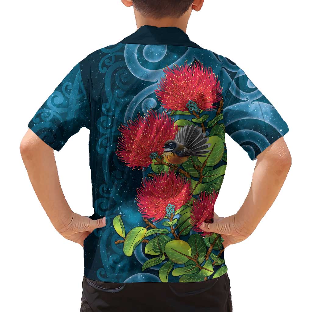 New Zealand Matariki Piwakawaka Family Matching Summer Maxi Dress and Hawaiian Shirt Maori Koru With Pohutukawa Flowers