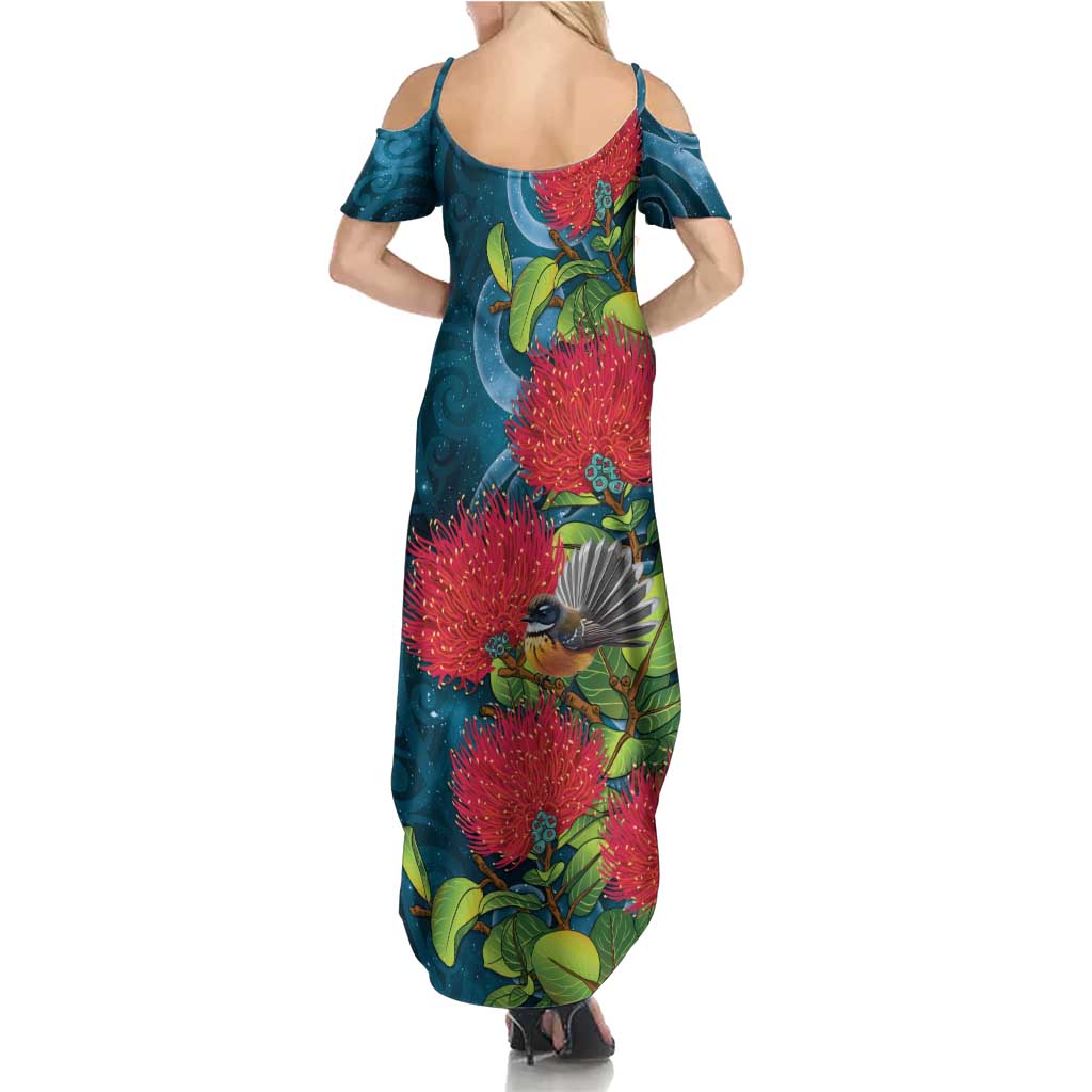 New Zealand Matariki Piwakawaka Family Matching Summer Maxi Dress and Hawaiian Shirt Maori Koru With Pohutukawa Flowers