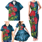 New Zealand Matariki Piwakawaka Family Matching Tank Maxi Dress and Hawaiian Shirt Maori Koru With Pohutukawa Flowers