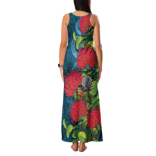 New Zealand Matariki Piwakawaka Family Matching Tank Maxi Dress and Hawaiian Shirt Maori Koru With Pohutukawa Flowers