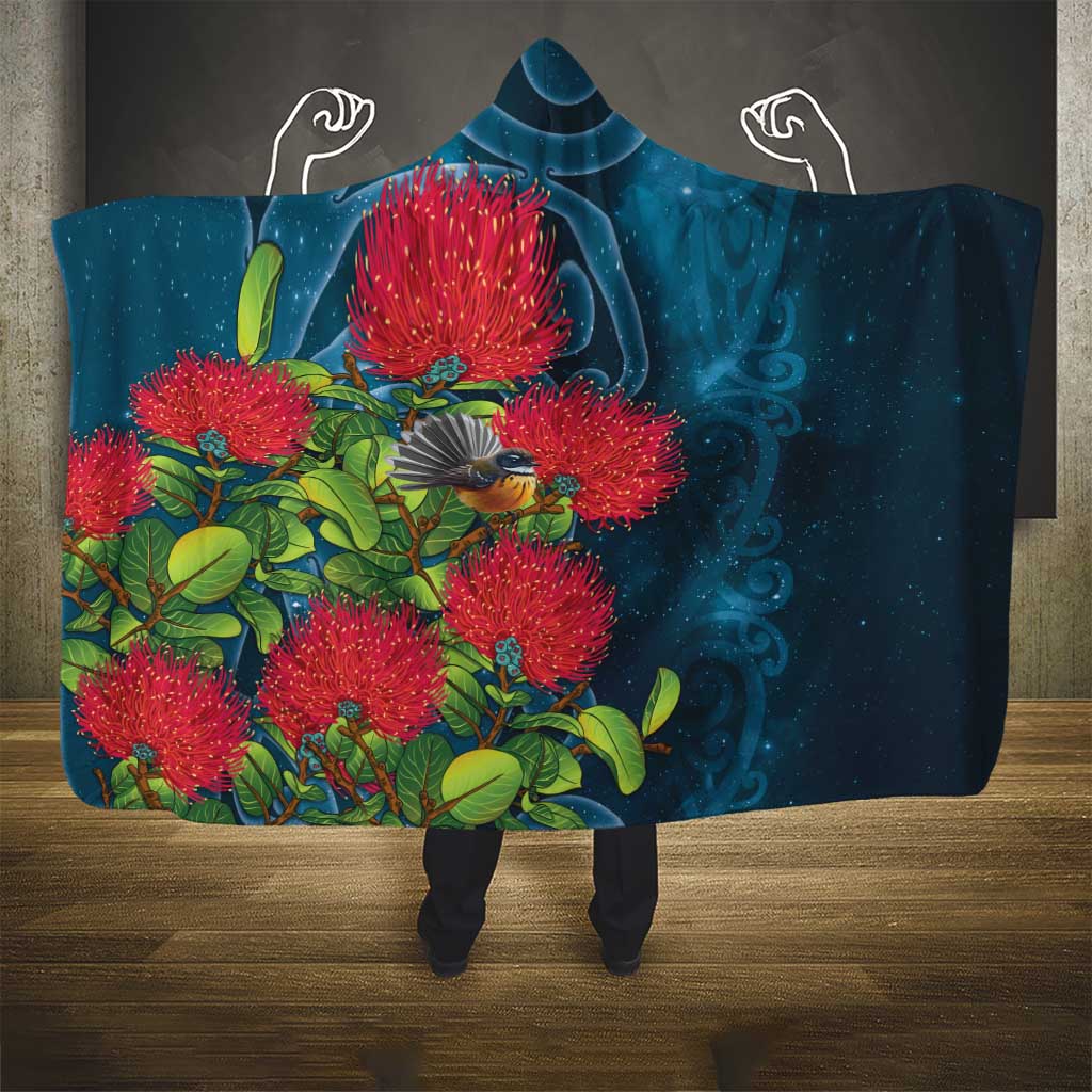 New Zealand Matariki Piwakawaka Hooded Blanket Maori Koru With Pohutukawa Flowers