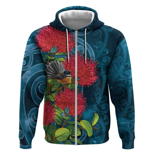 New Zealand Matariki Piwakawaka Hoodie Maori Koru With Pohutukawa Flowers