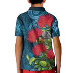 New Zealand Matariki Piwakawaka Kid Polo Shirt Maori Koru With Pohutukawa Flowers