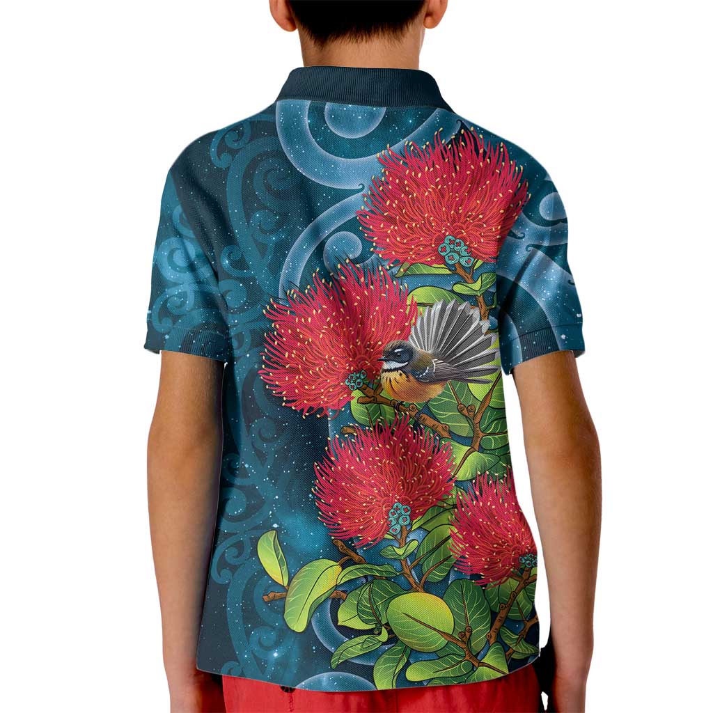 New Zealand Matariki Piwakawaka Kid Polo Shirt Maori Koru With Pohutukawa Flowers