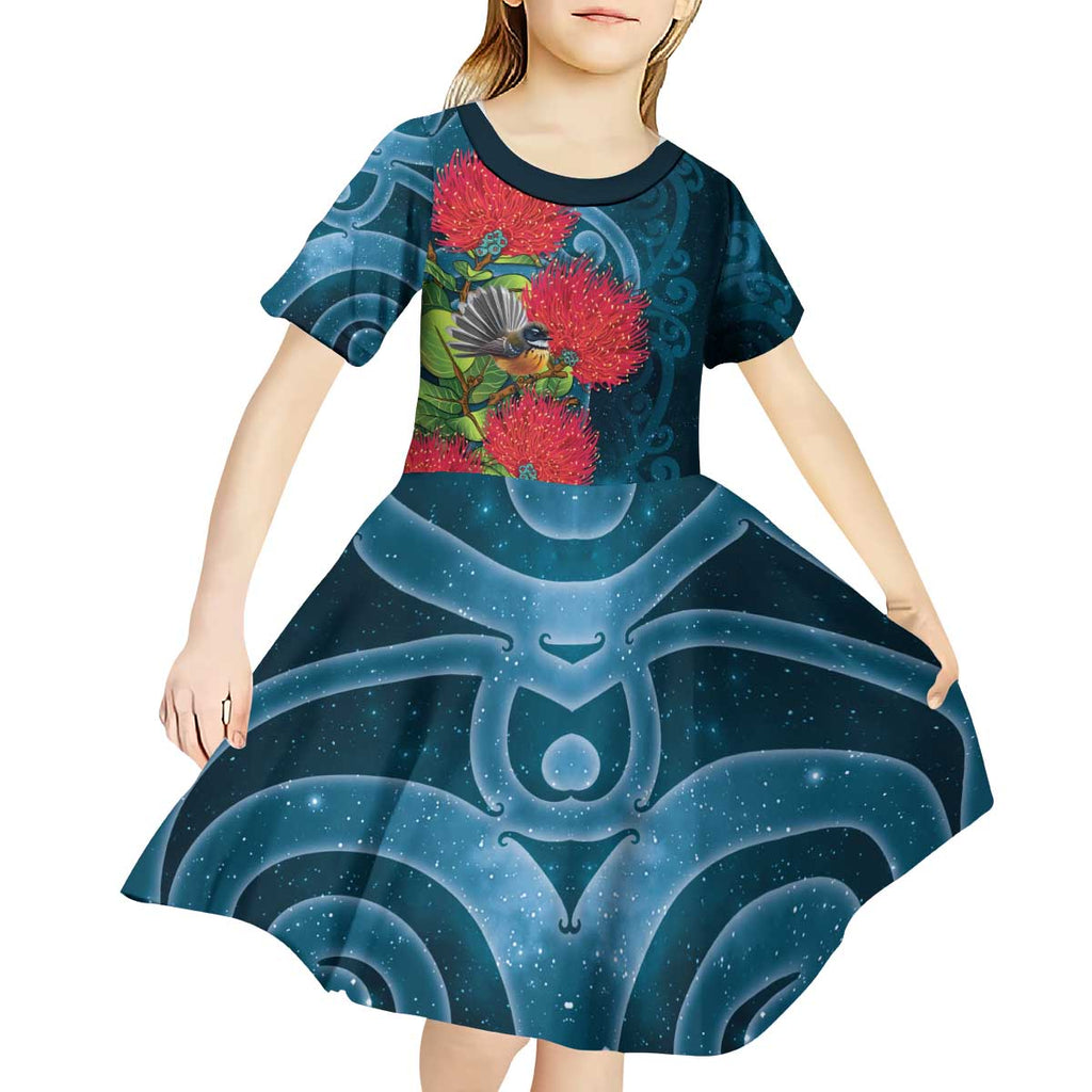 New Zealand Matariki Piwakawaka Kid Short Sleeve Dress Maori Koru With Pohutukawa Flowers