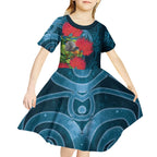 New Zealand Matariki Piwakawaka Kid Short Sleeve Dress Maori Koru With Pohutukawa Flowers