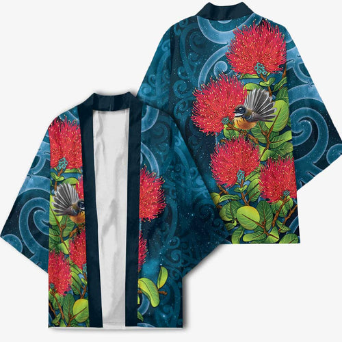 New Zealand Matariki Piwakawaka Kimono Maori Koru With Pohutukawa Flowers