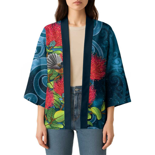 New Zealand Matariki Piwakawaka Kimono Maori Koru With Pohutukawa Flowers