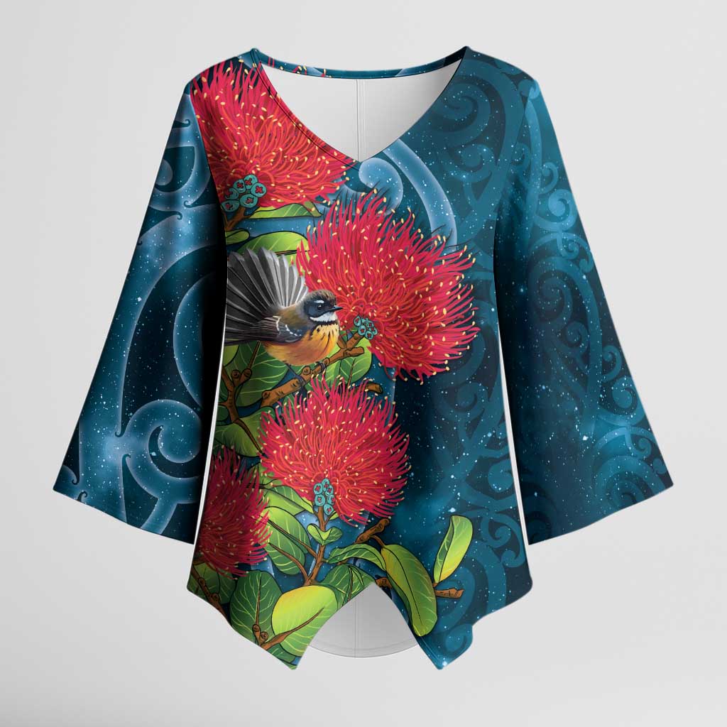 New Zealand Matariki Piwakawaka Kimono Sleeve Blouse Maori Koru With Pohutukawa Flowers