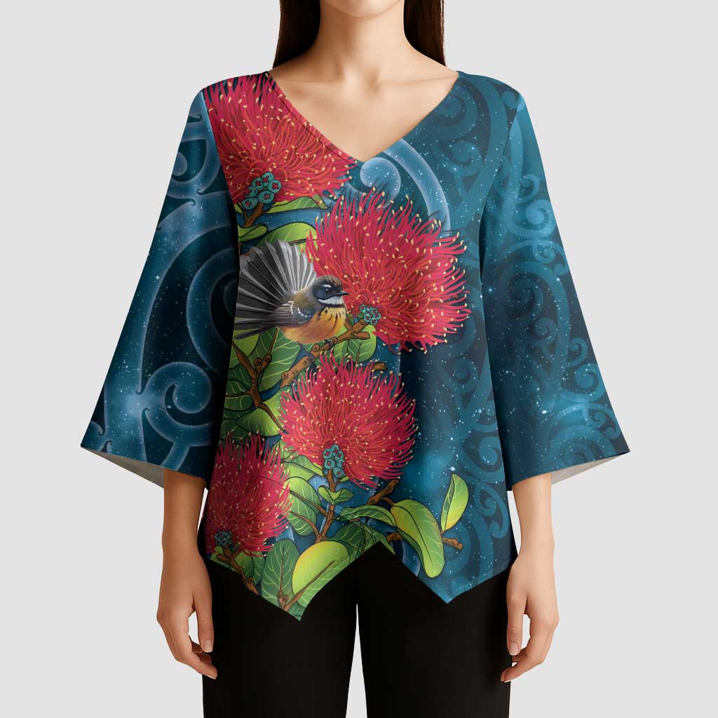 New Zealand Matariki Piwakawaka Kimono Sleeve Blouse Maori Koru With Pohutukawa Flowers