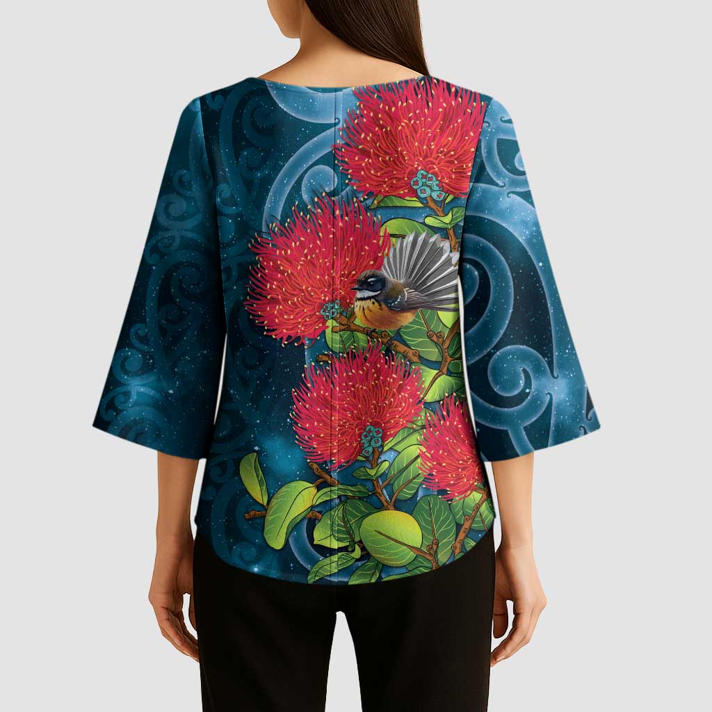 New Zealand Matariki Piwakawaka Kimono Sleeve Blouse Maori Koru With Pohutukawa Flowers