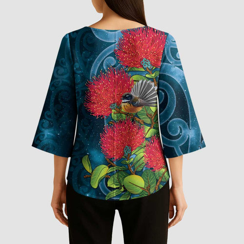 New Zealand Matariki Piwakawaka Kimono Sleeve Blouse Maori Koru With Pohutukawa Flowers