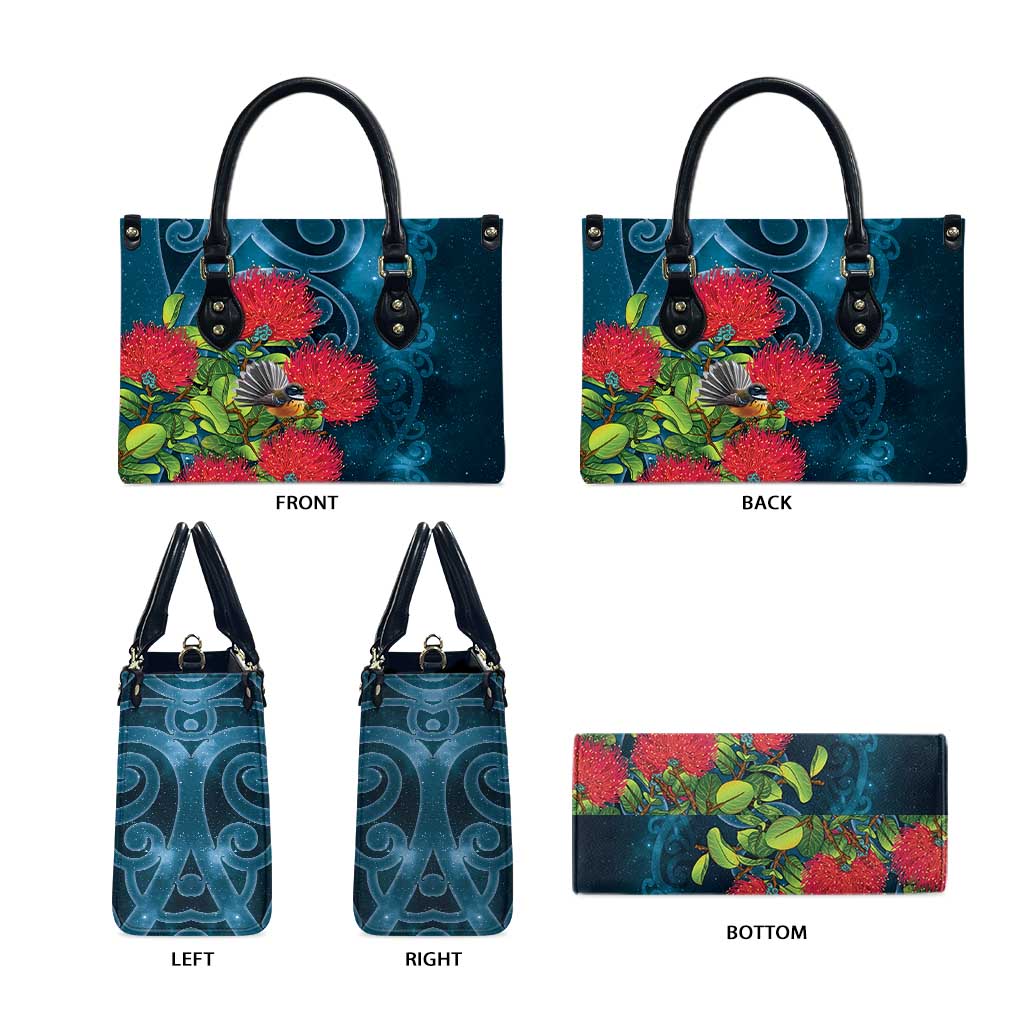 New Zealand Matariki Piwakawaka Leather Bag Maori Koru With Pohutukawa Flowers
