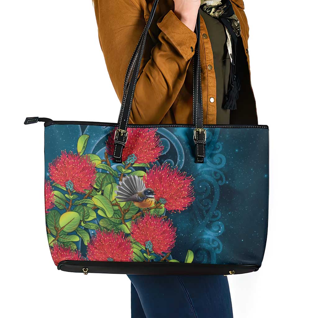 New Zealand Matariki Piwakawaka Leather Tote Bag Maori Koru With Pohutukawa Flowers