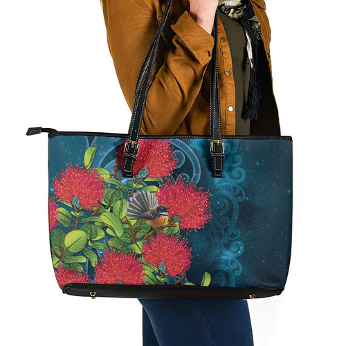 New Zealand Matariki Piwakawaka Leather Tote Bag Maori Koru With Pohutukawa Flowers