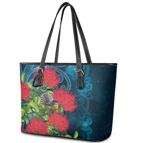 New Zealand Matariki Piwakawaka Leather Tote Bag Maori Koru With Pohutukawa Flowers