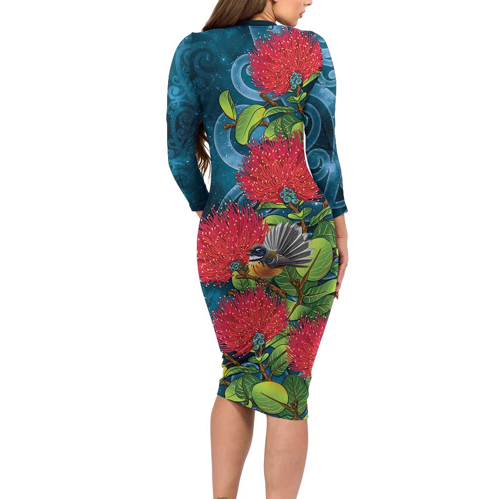 New Zealand Matariki Piwakawaka Long Sleeve Bodycon Dress Maori Koru With Pohutukawa Flowers