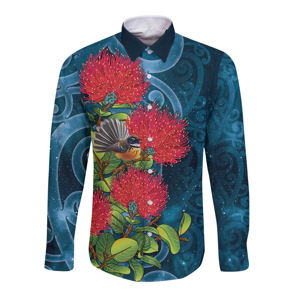 New Zealand Matariki Piwakawaka Long Sleeve Button Shirt Maori Koru With Pohutukawa Flowers