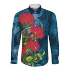 New Zealand Matariki Piwakawaka Long Sleeve Button Shirt Maori Koru With Pohutukawa Flowers