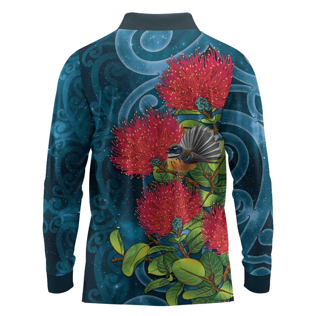 New Zealand Matariki Piwakawaka Long Sleeve Polo Shirt Maori Koru With Pohutukawa Flowers