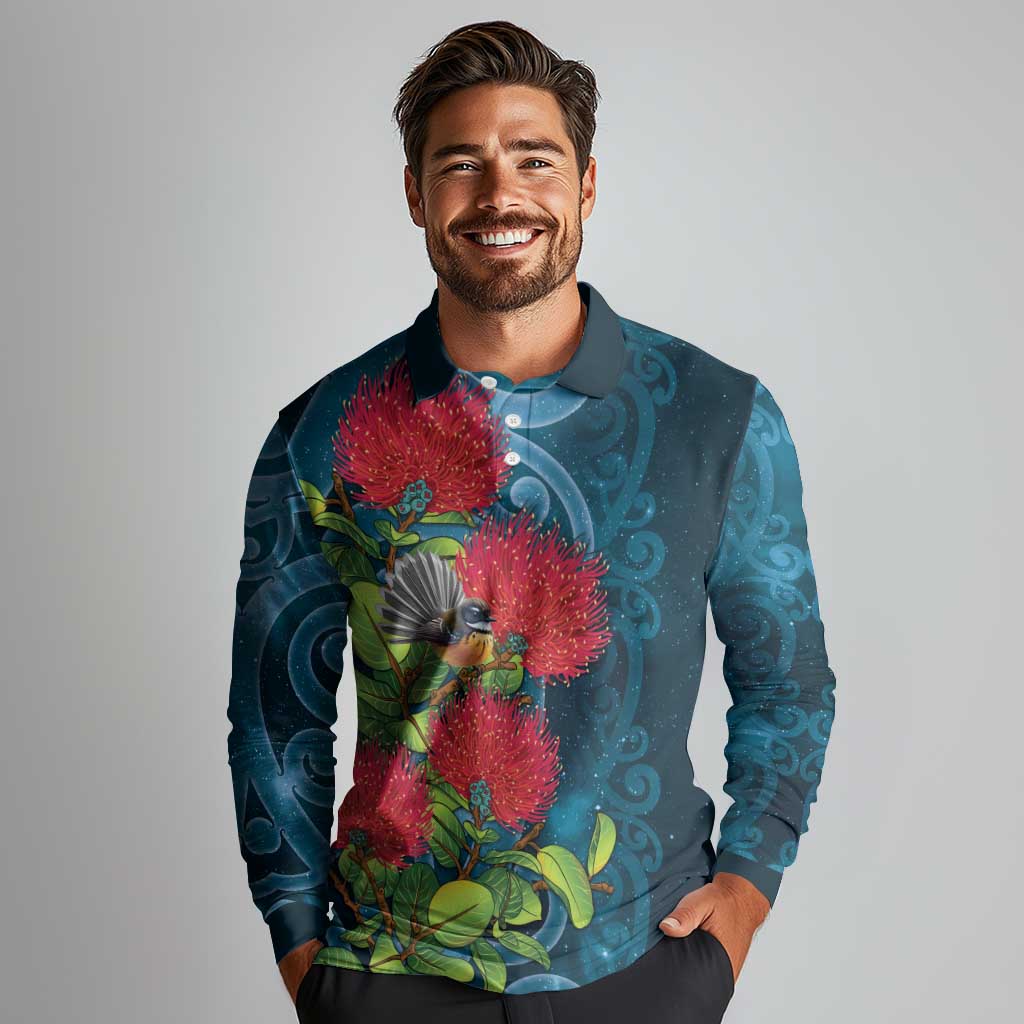 New Zealand Matariki Piwakawaka Long Sleeve Polo Shirt Maori Koru With Pohutukawa Flowers