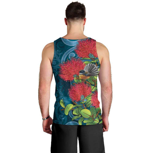 New Zealand Matariki Piwakawaka Men Tank Top Maori Koru With Pohutukawa Flowers