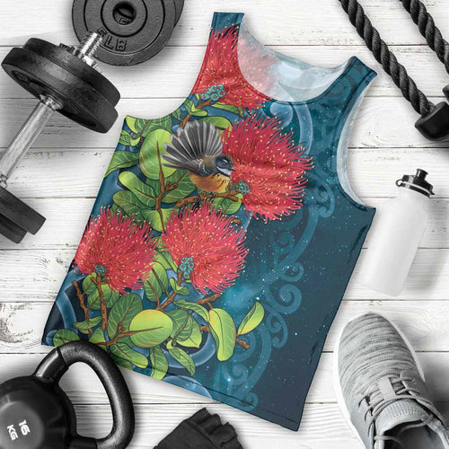 New Zealand Matariki Piwakawaka Men Tank Top Maori Koru With Pohutukawa Flowers